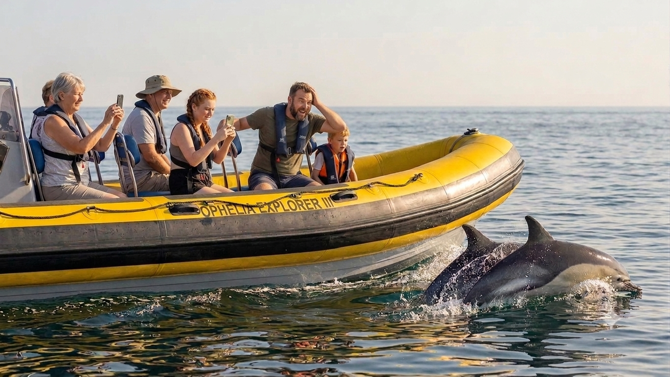 Golfinhos comuns a nadar junto ao Ophelia Explorer no Algarve