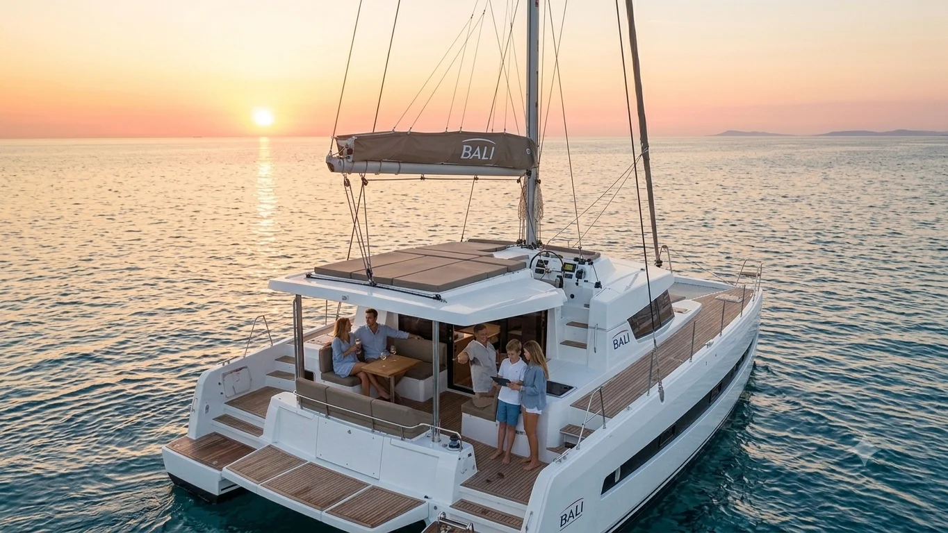Catamarã privado com passageiros a bordo ao entardecer na costa do Algarve