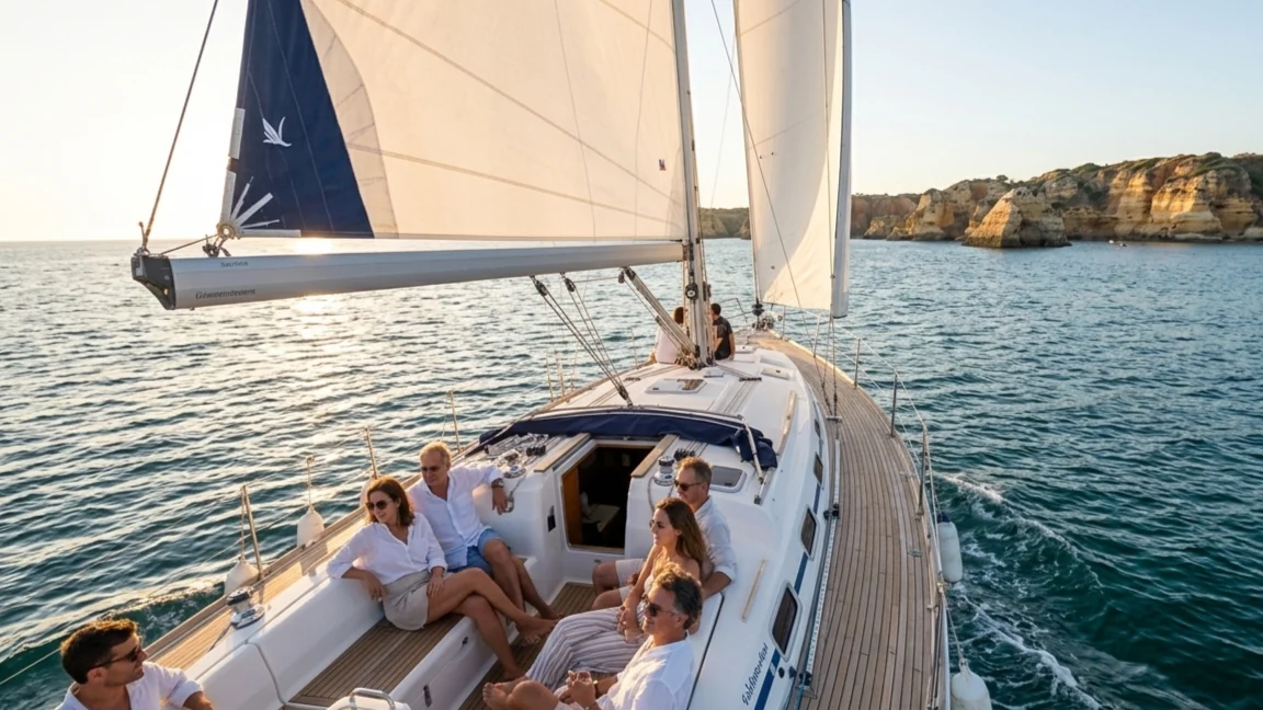 Grupo a bordo de um iate privado ao pôr do sol junto às falésias de Lagos, Algarve